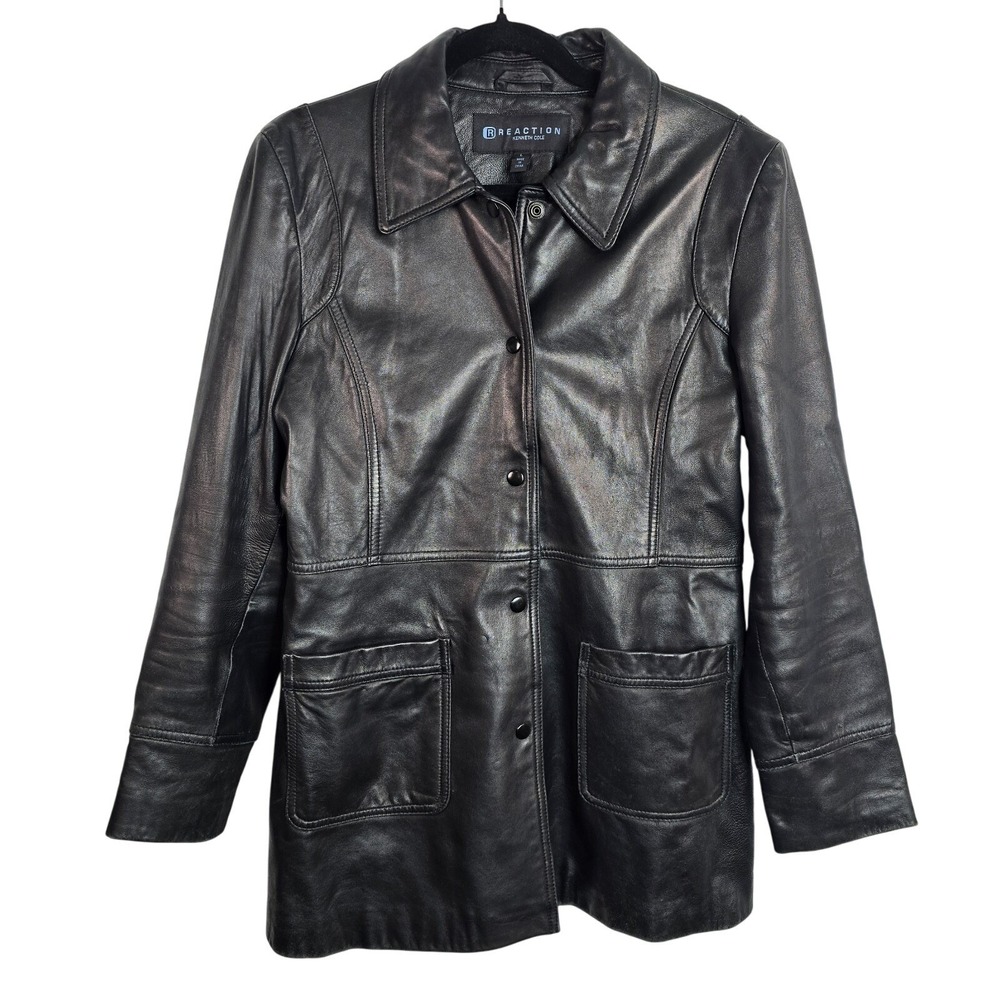 REACTION Kenneth Cole Womens Black Leather Button Front Jacket Size‎ L